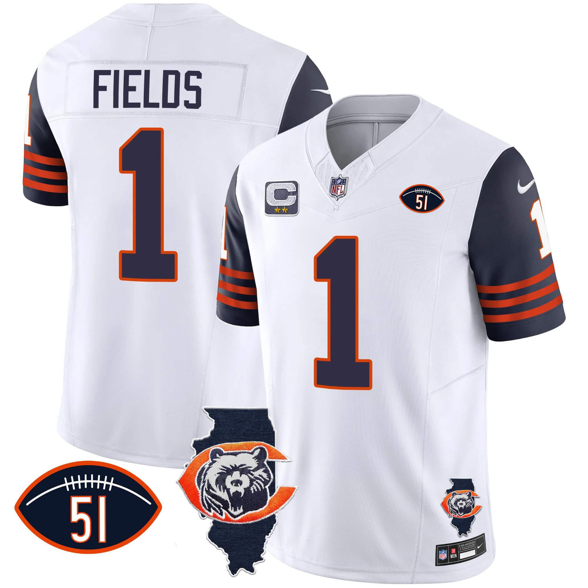 Men Chicago Bears 1 Fields White 2024 Nike Throwback Illinois Patch Vapor NFL Jersey style 1